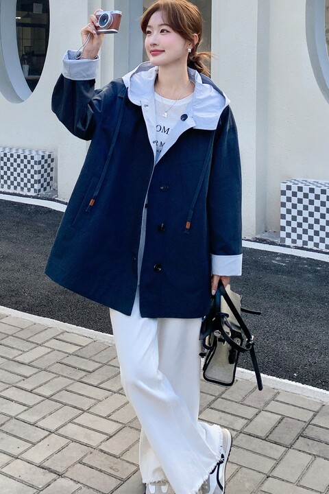 韩版休闲两面穿连帽风衣外套女春秋2025新款小个子爆款高级感大衣,女装风衣,浙宝100