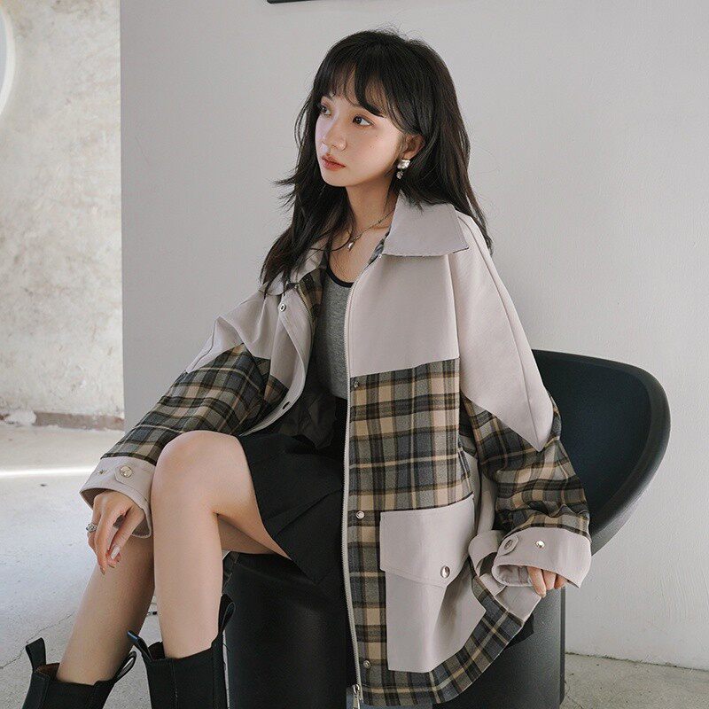 格子拼接工装外套女小个子2025春季新款韩版宽松减龄休闲夹克上衣图片