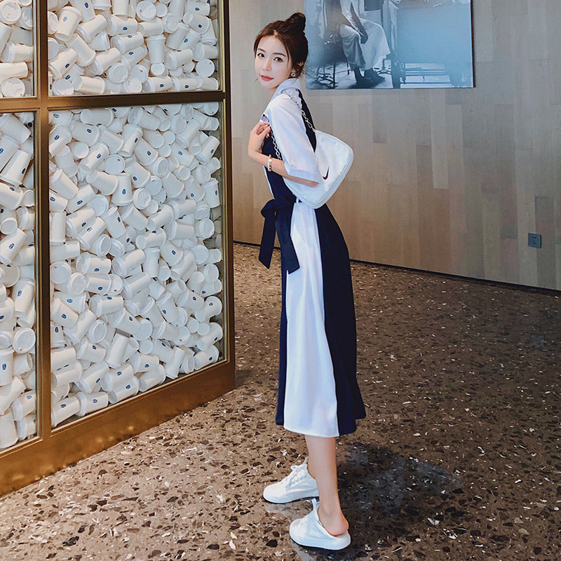 时尚休闲撞色拼接连衣裙2025夏季新款系带收腰显瘦Polo气质长裙子,女装连衣裙,浙宝100