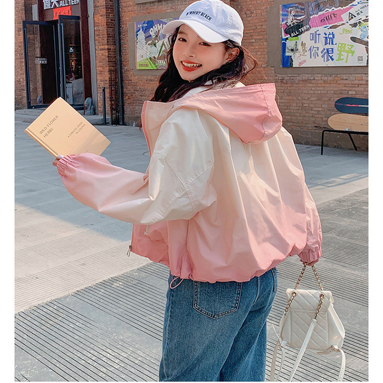 粉色甜美风渐变连帽短款外套女2025新款秋季减龄设计感慵懒风夹克,女装短外套,浙宝100