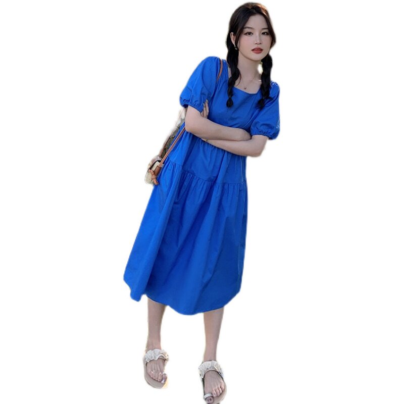 2025夏季新款韩版克莱因蓝法式复古桔梗连衣裙女小个子宽松显瘦裙,女装连衣裙,浙宝100
