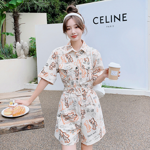 设计感小熊印花工装连体裤女夏季2024新款小众时髦高腰短裤连衣裤图片
