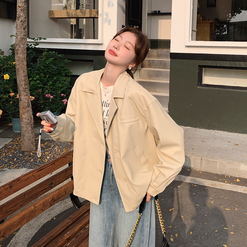 杏色短款西装领皮衣外套女2025春季新款小个子机车服帅气夹克上衣,女装皮衣,浙宝100