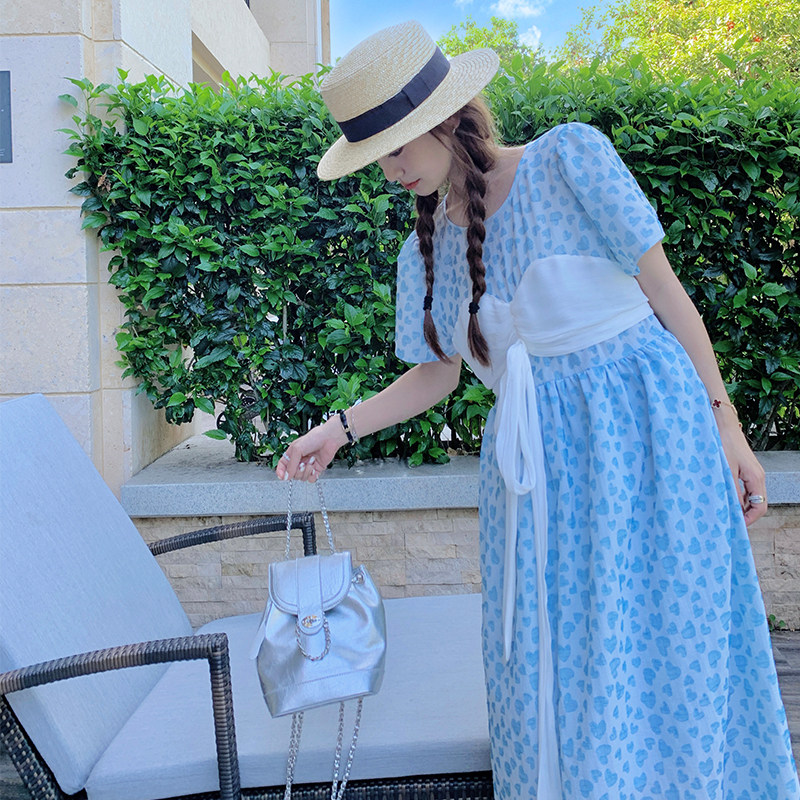 蓝色碎花盐系假两件连衣裙女2023夏季新款法式温柔风别致绝美长裙,女装连衣裙,浙宝100