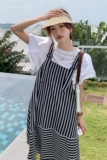 韩系气质条纹背带连衣裙女夏2025新款不规则设计感休闲减龄中长裙，女装连衣裙，浙宝100