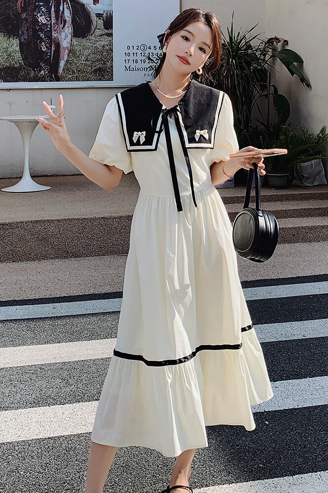 海军领法式桔梗连衣裙女夏2025新款撞色甜美白色轻熟风泡泡袖裙子,女装连衣裙,浙宝100