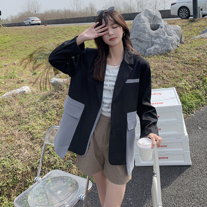 黑色西装外套女拼接撞色2025春秋季韩版宽松网红炸街垂感通勤西服图片