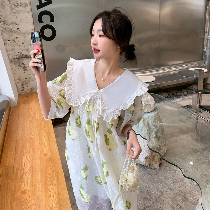 孕妇连衣裙女夏季大码宽松显瘦胖mm小清新印花网纱裙子泡泡袖甜美,女装连衣裙,浙宝100