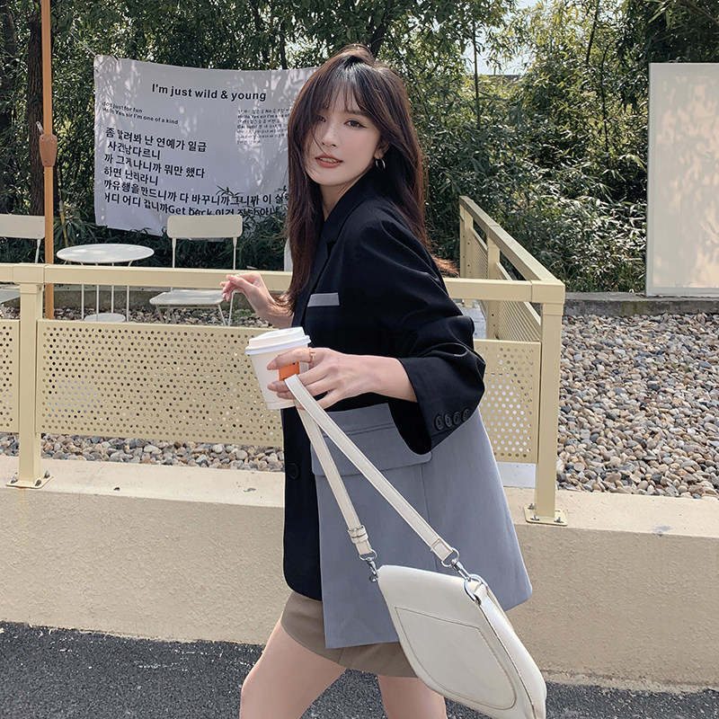 黑色西装外套女拼接撞色2025春秋季韩版宽松网红炸街垂感通勤西服图片