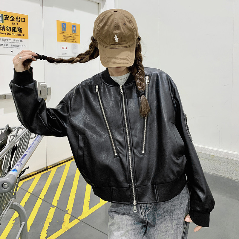 长袖立领短款宽松型口袋常规皮衣休闲时尚秋季上衣,女装皮衣,浙宝100
