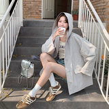 休闲连帽风衣外套女春秋2025新款超火流行气质抽绳收腰薄款大衣，女装风衣，浙宝100