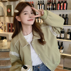 现货主推，蕾丝花边拼接秋冬短款外套两个色-B100-5105p-125-k178，女装风衣，浙宝100