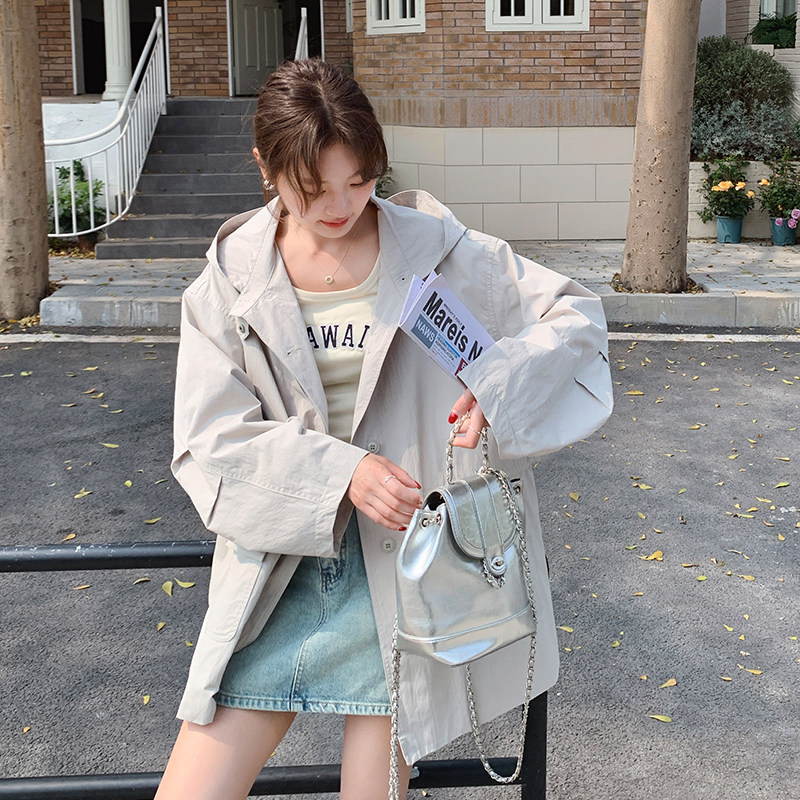 休闲连帽风衣外套女春秋2025新款超火流行气质抽绳收腰薄款大衣图片