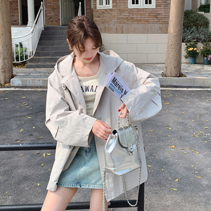 休闲连帽风衣外套女春秋2025新款超火流行气质抽绳收腰薄款大衣图片
