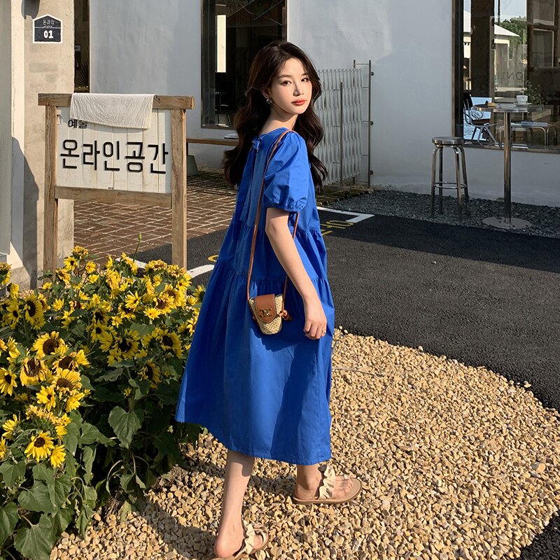 2025夏季新款韩版克莱因蓝法式复古桔梗连衣裙女小个子宽松显瘦裙,女装连衣裙,浙宝100