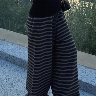 女秋冬慵懒风软糯休闲直筒拖地长裤 高级松弛感灰色条纹针织阔腿裤