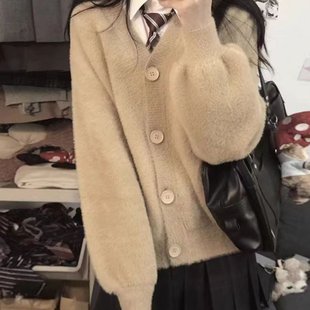 女外套小个子软糯灯笼袖 秋冬日系V领针织毛衣开衫 针织上衣