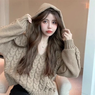 连帽麻花毛衣女春秋新款 穿搭上衣 高级感气质小众设计感短款 针织衫