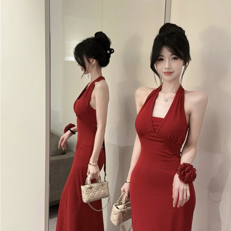 名媛风链条挂脖绑带晚礼服吊带裙女装夏季纯欲性感露背收腰连衣裙