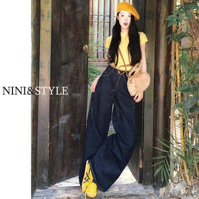 深蓝色美式阔腿牛仔裤女夏季2025新款覆古宽松垂感高腰直筒拖地裤