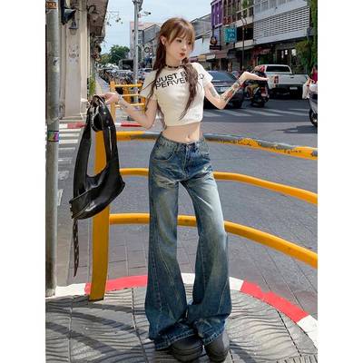 美式复古低腰阔腿微喇牛仔裤女春秋款辣妹显瘦不贴腿直筒喇叭裤子