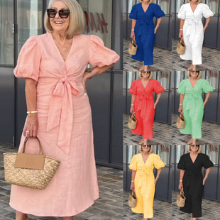 Dress 2025 tton Sleeve Bubble Lace neck Women