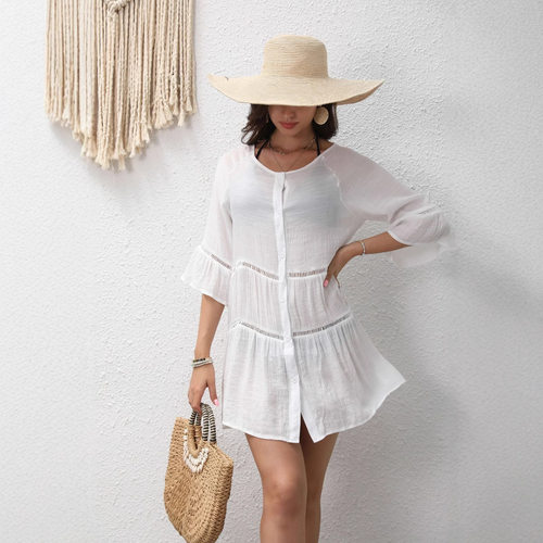 2025 Solid lor Hollow Lace Flare Sleeve Dress Casual Blouse