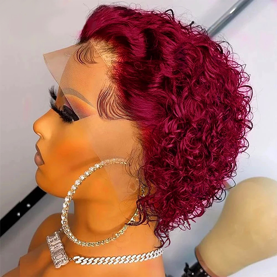 Short Curly Human Hair Wigs 1B/27 Burgundy Pixie Cut Wig 99J