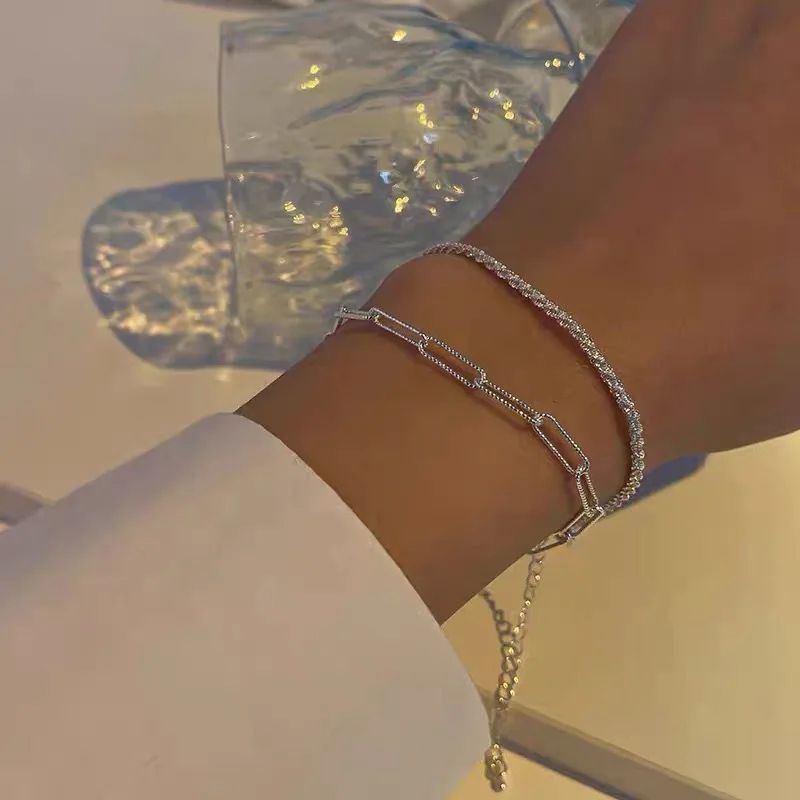 New Fashion Silver Colour Double Layer Bracelet Sparkling E