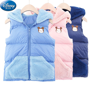 迪士尼儿童马甲男童春秋季保暖加厚连帽外套女孩宽松大码背心外穿