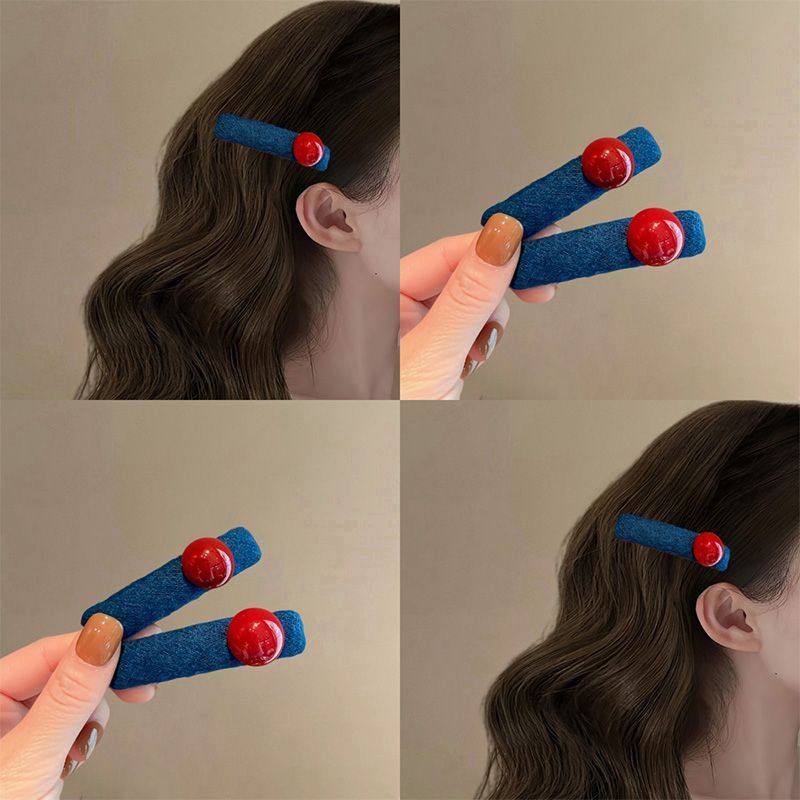 秋冬新款蓝色撞色红珠子发夹女高端发饰侧边夹对夹碎发刘海夹头饰
