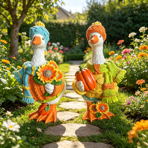 跨境新品Autumn Pumpkin Duck Ornament万圣节南瓜鸭子树脂摆件