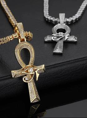 跨境欧美嘻哈荷鲁斯之眼安赫十字架吊坠微镶锆石复古个性项链配饰