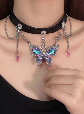 甜酷辣妹紫色蝴蝶皮革项圈女choker高级感颈链锁骨链项链配饰批发