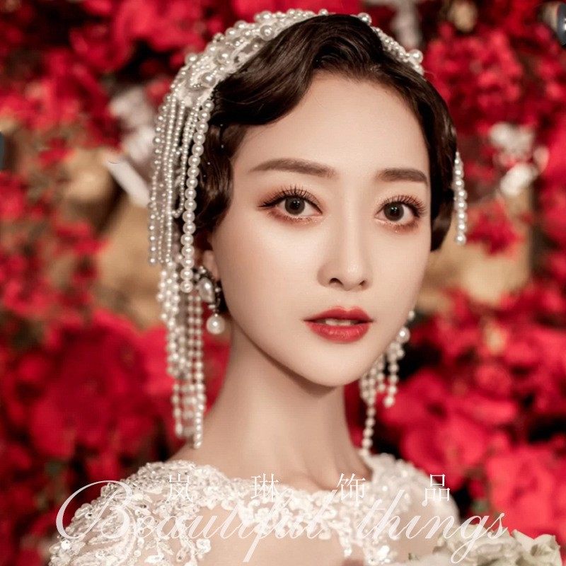 厂家直销新娘蕾丝人造珍珠流苏头饰结婚婚礼造型配饰复古花边发夹