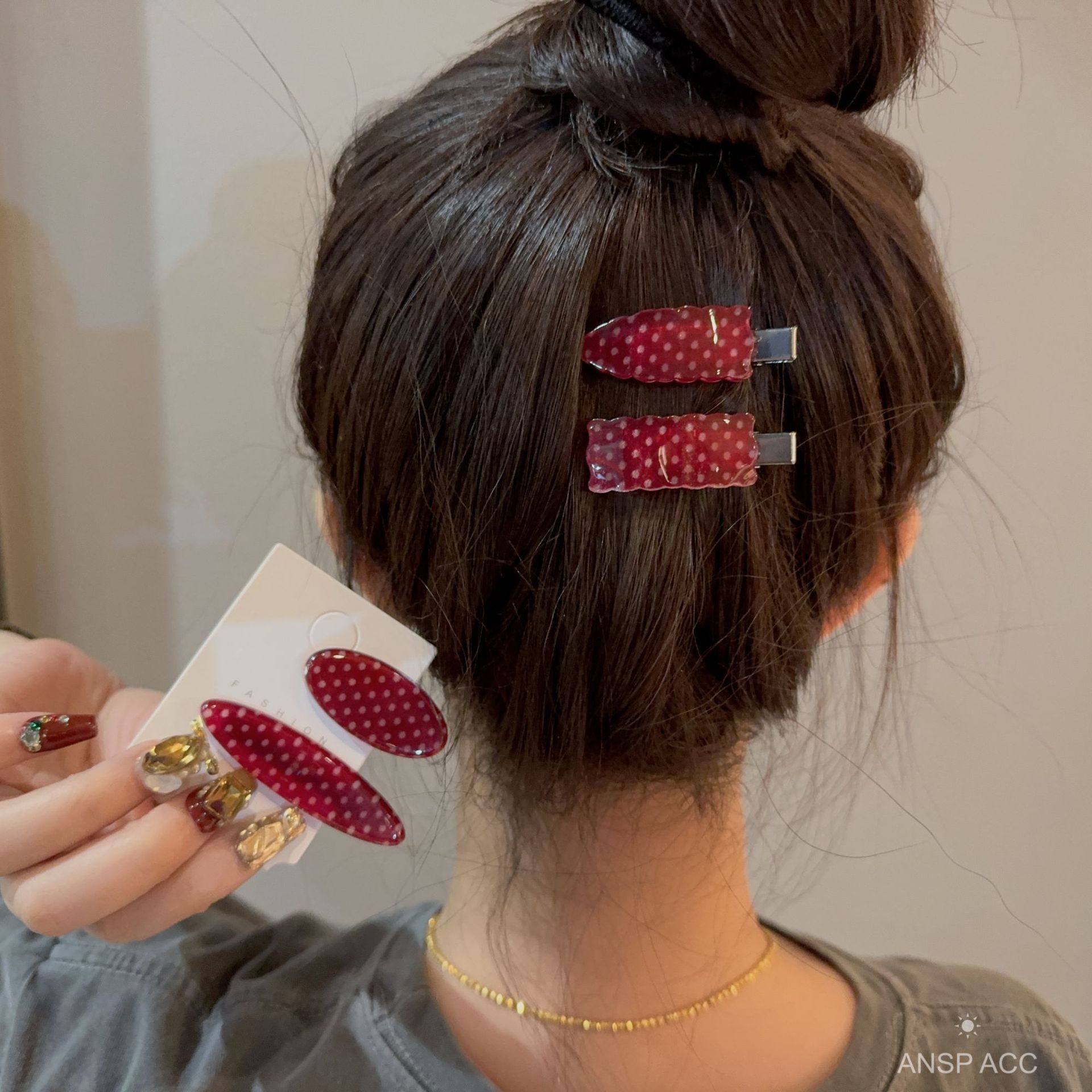 秋季新款安可拉红高级感醋酸波点发夹刘海夹女简约鸭嘴夹侧边夹子