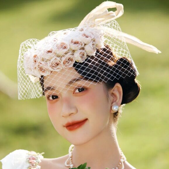 森系新娘粉色花朵礼帽可爱甜美婚纱礼服头饰写真配饰复古头花饰品