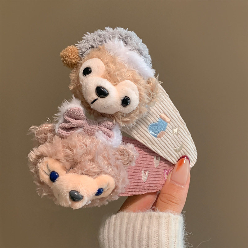 雪莉玫达菲熊发夹可爱少女心毛绒公仔边夹侧边刘海夹碎发鸭嘴夹子