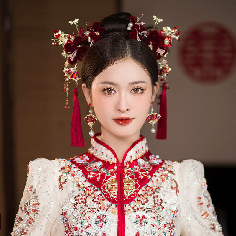 新娘饰品中式秀禾服头饰古风红色绒花花朵流苏结婚饰品敬酒服配饰