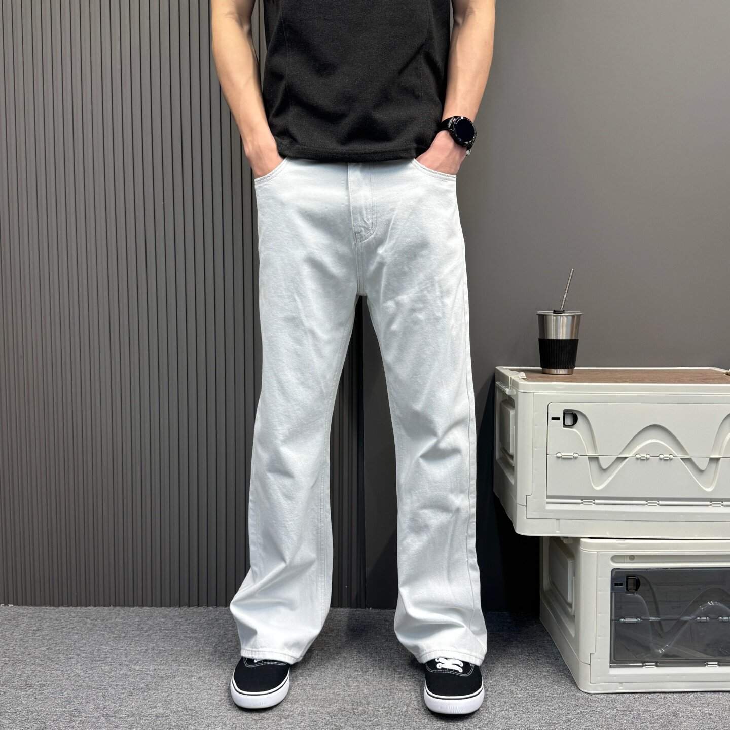日系简约纯白色牛仔裤 男士宽松直筒垂感阔腿百搭工装休闲牛仔裤