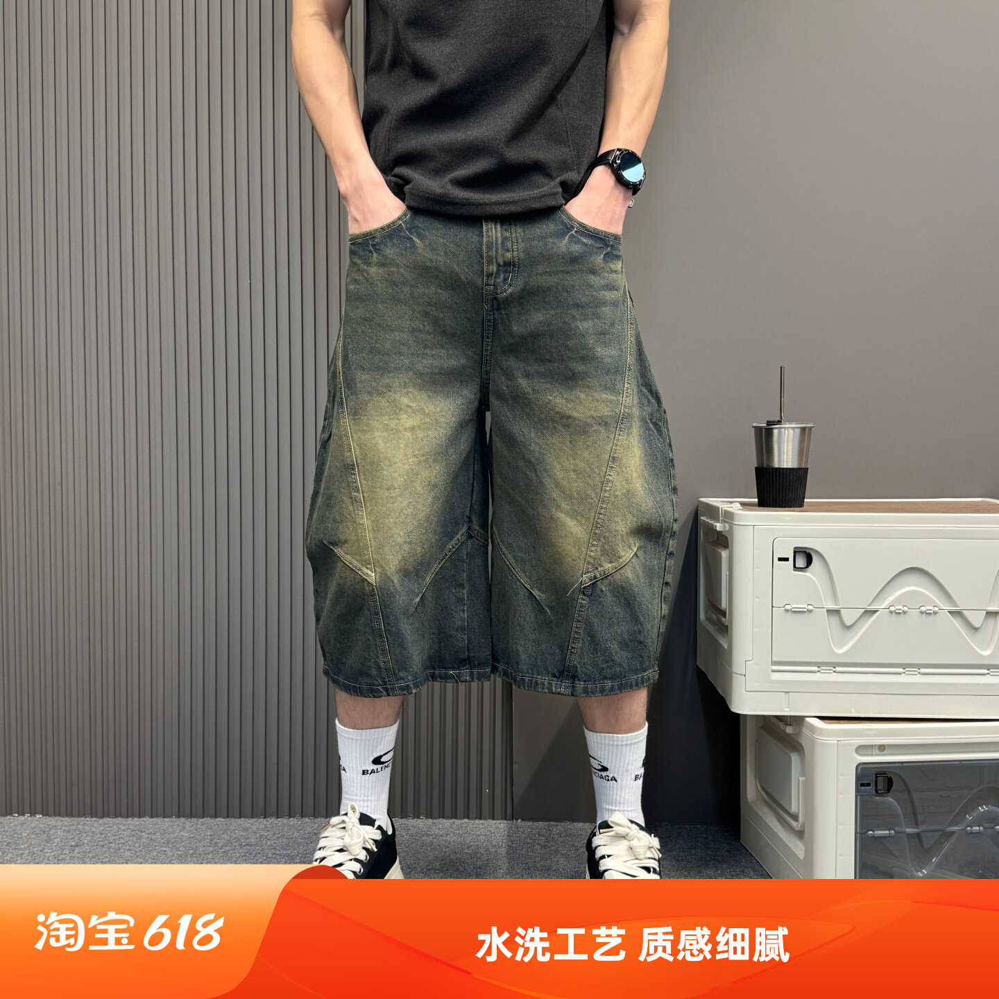 2026新款水洗不对称设计感七分裤男士牛仔裤短裤休闲宽松直筒百搭