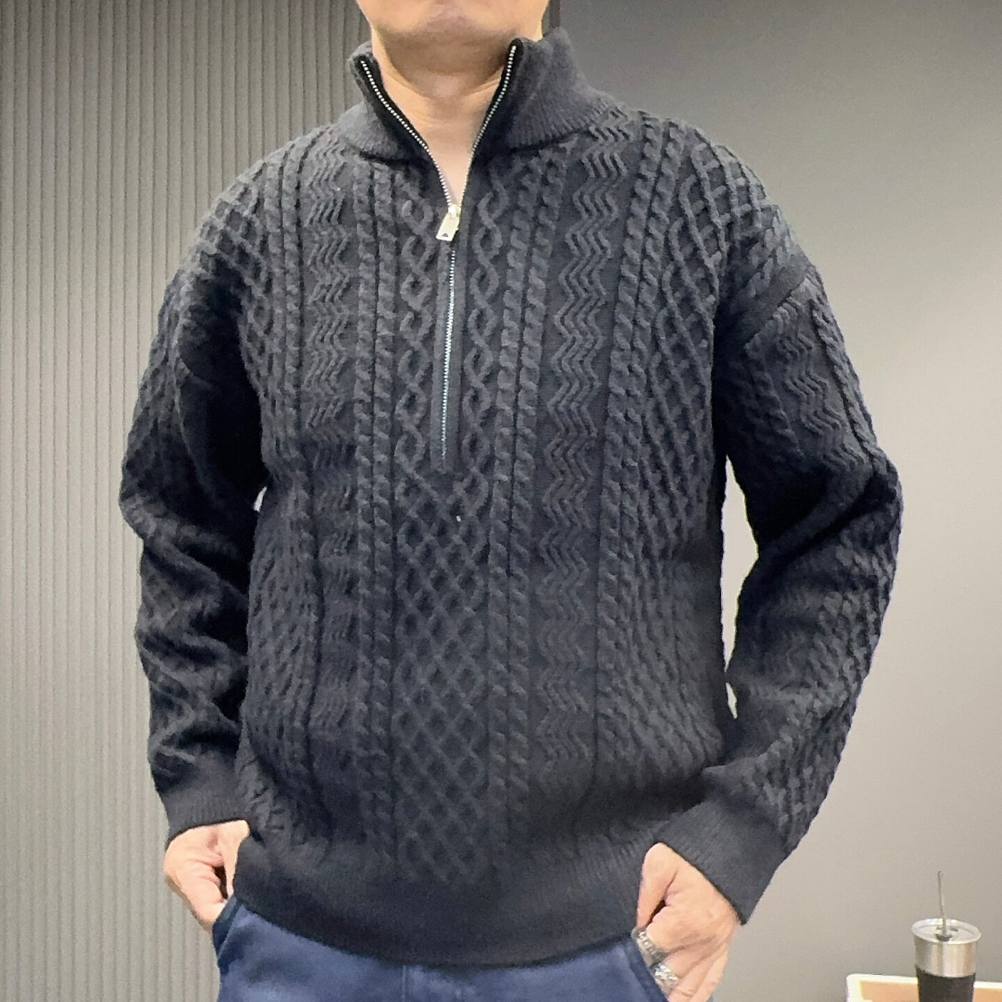 复古绞花半拉链针织衫男士毛衣款