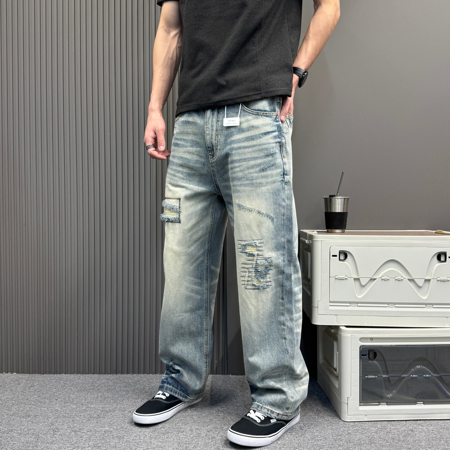 美式高街水洗刀割破洞牛仔长裤男女宽松直筒个性设计休闲长裤子潮