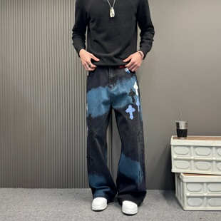 牛仔裤男春秋重磅渐变宽松直筒oversize潮牌阔腿裤美式高街痞帅裤