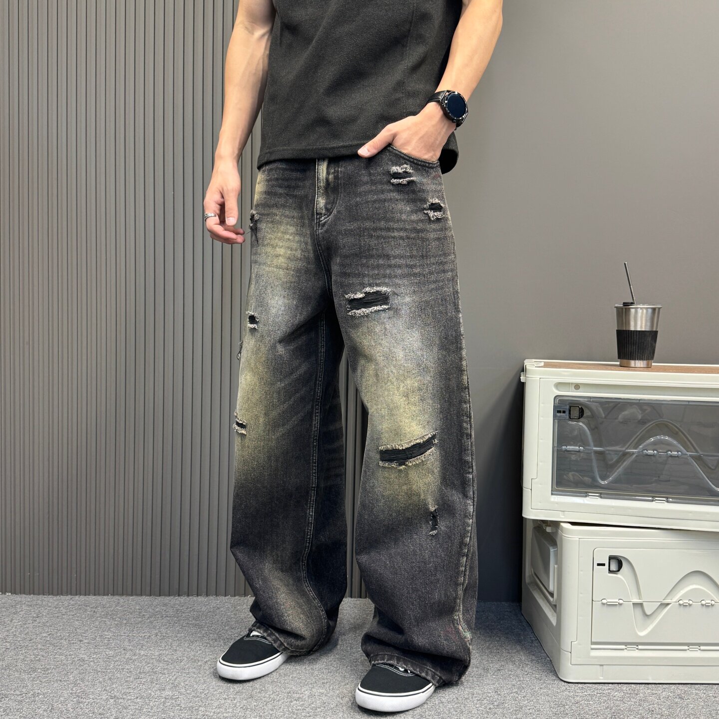 美式街头破洞水洗牛仔裤男潮牌痞帅宽松阔腿休闲直筒长裤子拖地裤