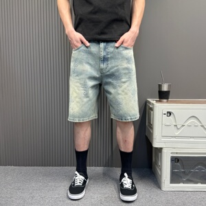 街头风休闲简单复古水洗牛仔短裤男夏季立体印花五分裤潮牌宽松男