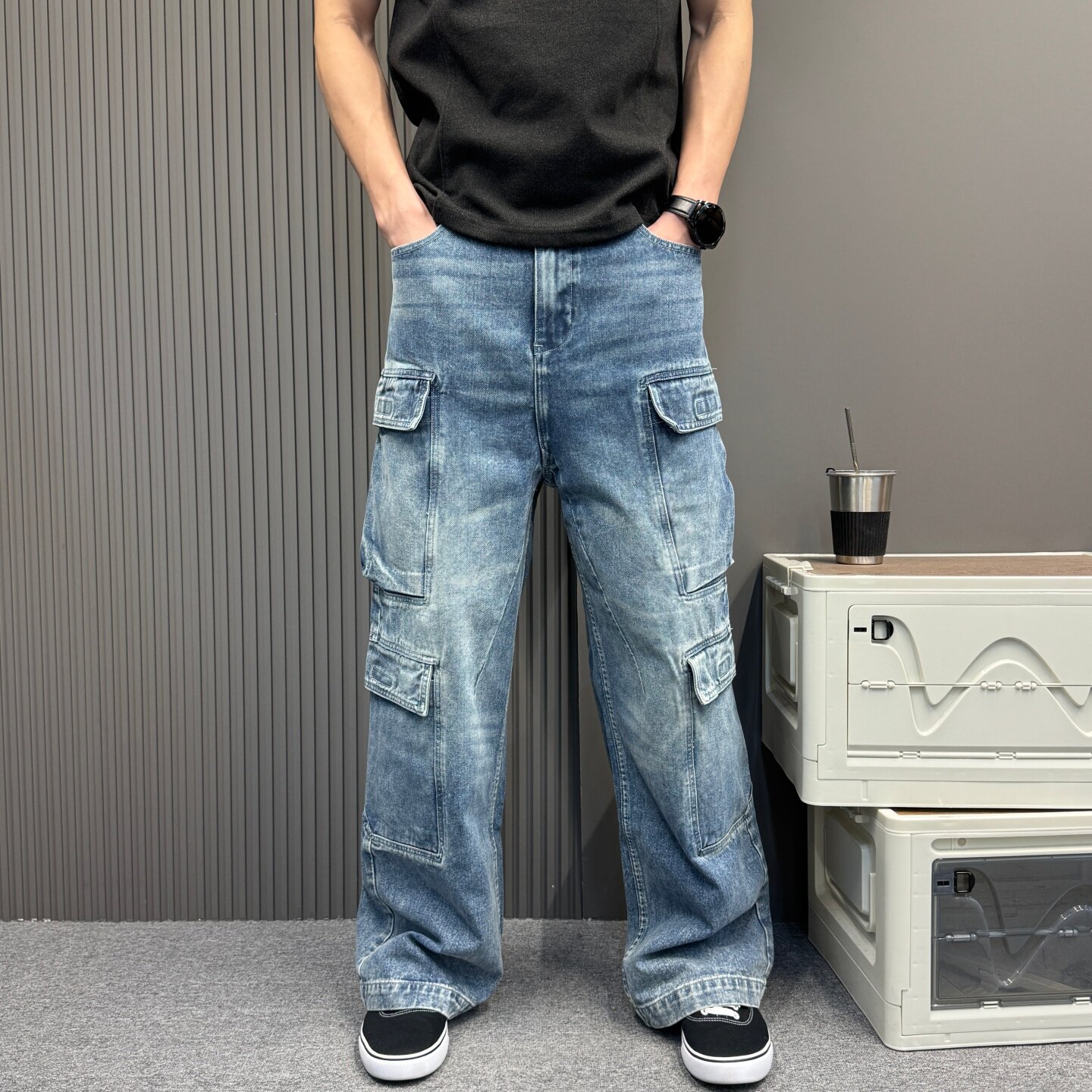 重磅时尚酷感水洗做旧工装牛仔裤新款多口袋宽松阔腿直筒休闲裤男