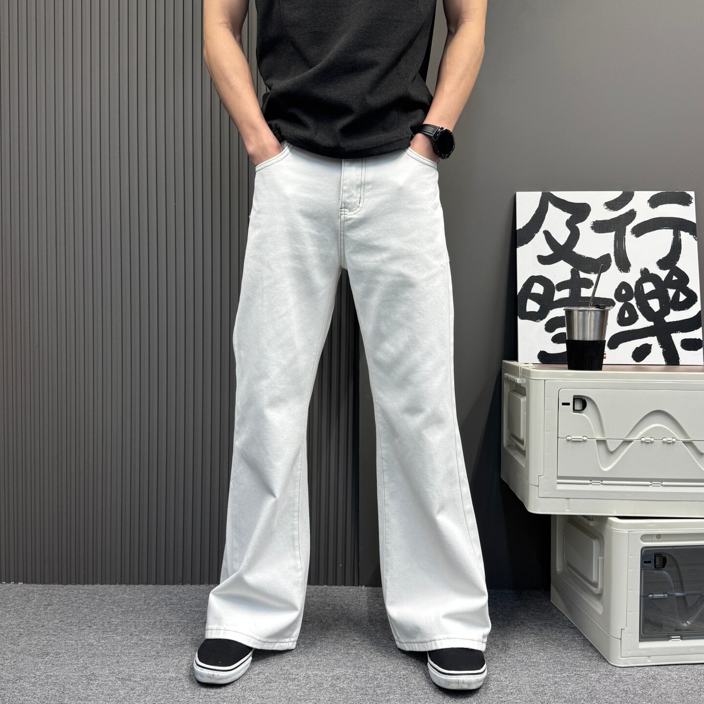 美式裤子微喇白色纯棉牛仔裤男女春夏2026新款休闲修身喇叭裤微阔