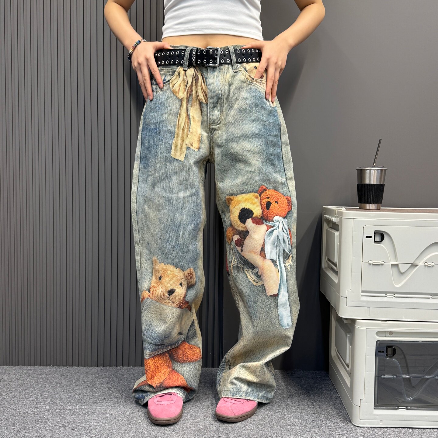 彩色小熊数码印花设计休闲牛仔裤新款高腰宽松显瘦百搭直筒阔腿裤