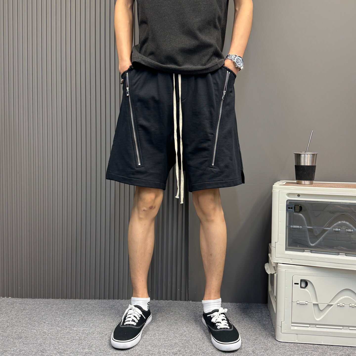 美式街头双拉链短裤男女款宽松休闲运动五分裤潮牌抽绳松紧腰中裤
